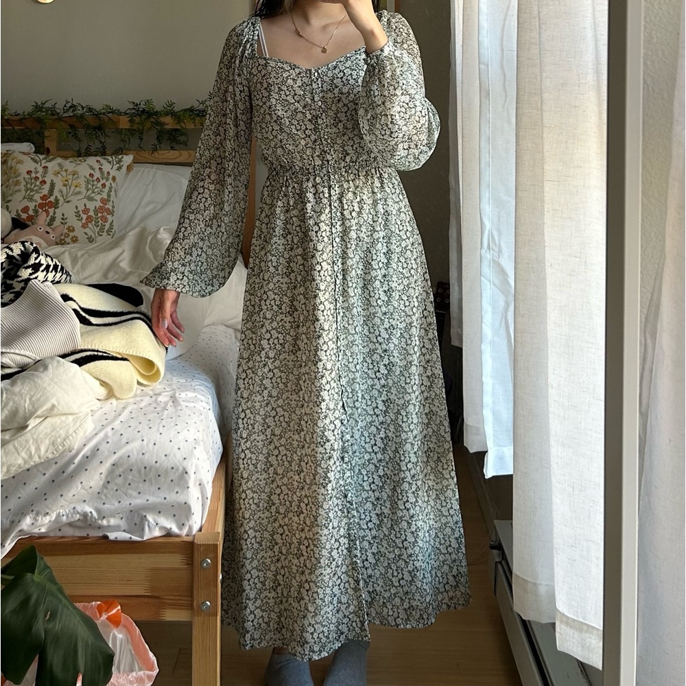 Oak + Fort floral long sleeved buttoned midi dress XS